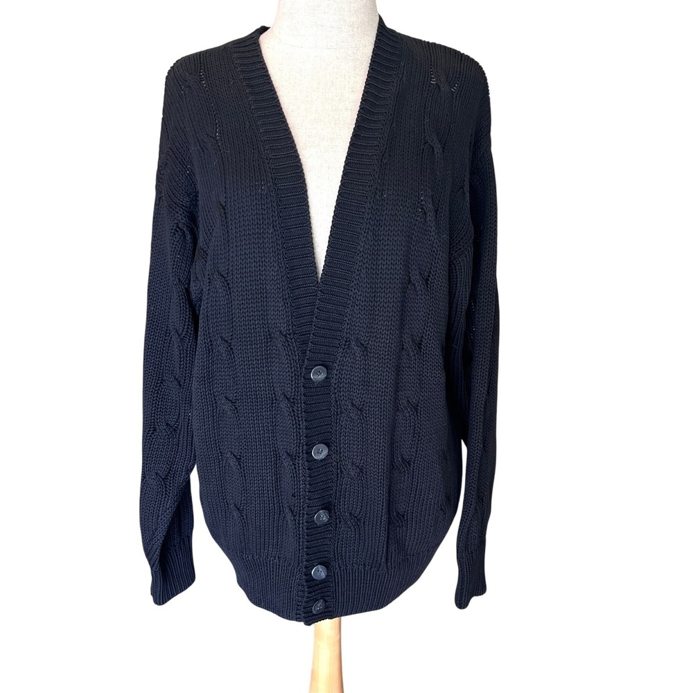 Claiborne Black Cardigan Sweater S Cable Knit 100% Cotton Academia Minimalist